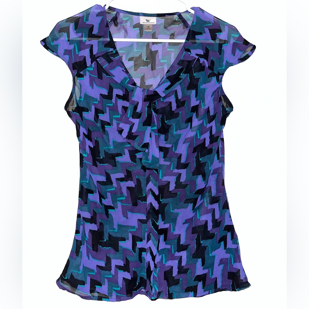 Worthington Purple Teal Black Zigzag V-Neck Cap-Sleeve Blouse
